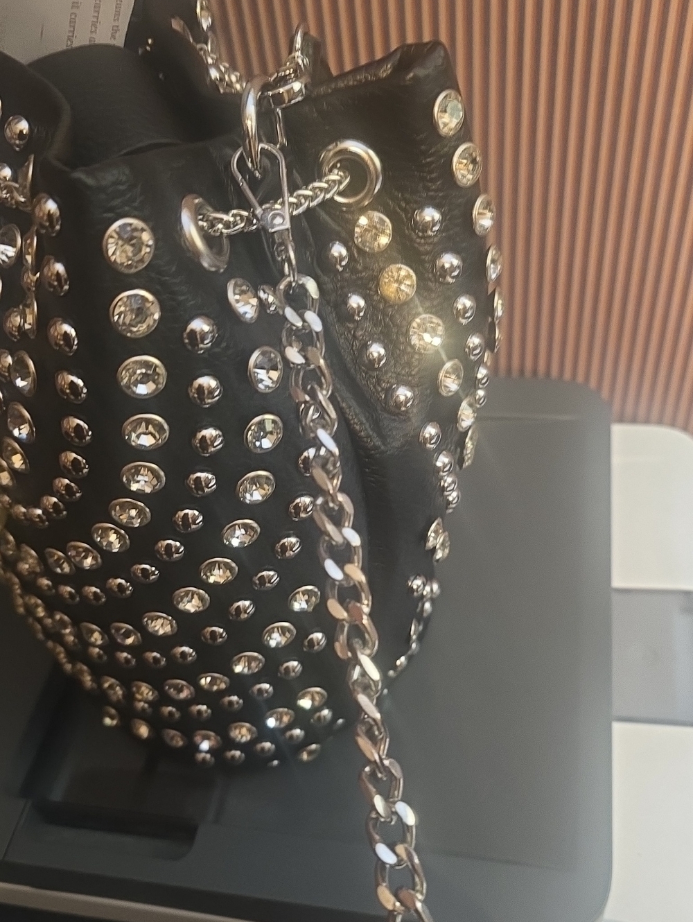 Black Studded Bucket Bag with Chain Drawstring - Picture 6 of 8